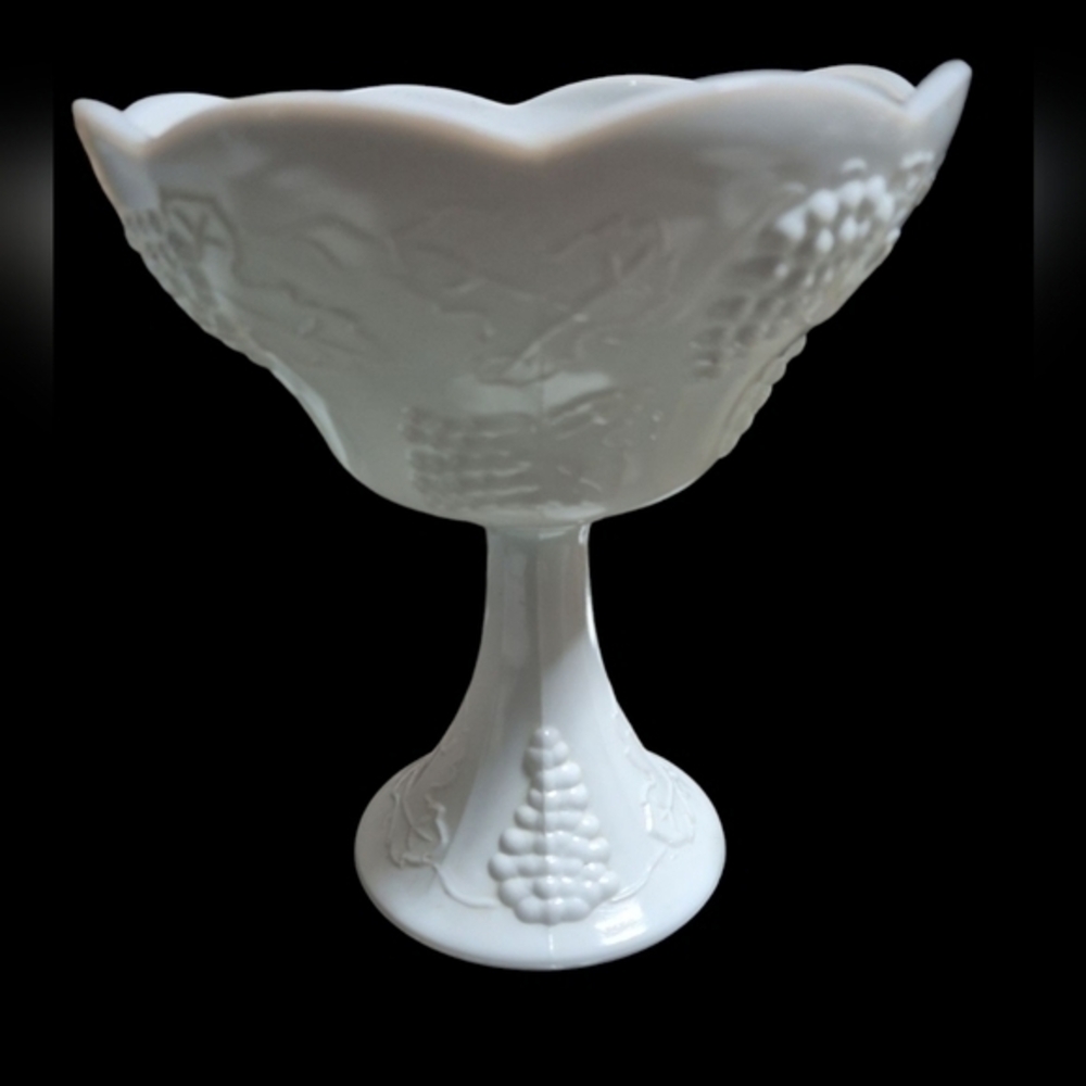 Vintage Milk Glass Pedestal Bowl .
